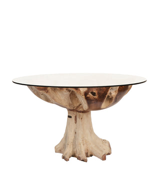 BLEACHED TEAK ROOT GARDEN TABLE WITH GLASS