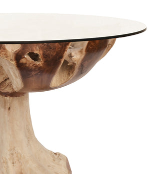 BLEACHED TEAK ROOT GARDEN TABLE WITH GLASS