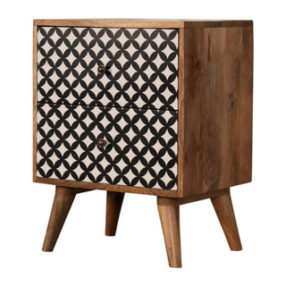 Diamond Screen Printed Bedside Table, Mango Wood