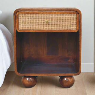 Mango Wood and Rattan Bedside Table, Chestnut Finish