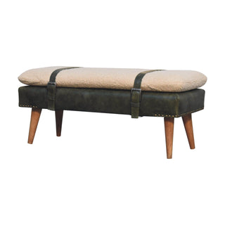 Bouclé Buffalo Hide Leather Bench Olive Green