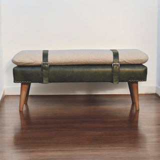 Bouclé Buffalo Hide Leather Bench Olive Green