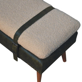 Bouclé Buffalo Hide Leather Bench Olive Green