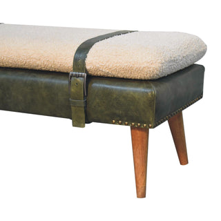 Bouclé Buffalo Hide Leather Bench Olive Green