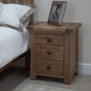 Rustic Wooden 3 Drawer Bedside Table, Oak Wood